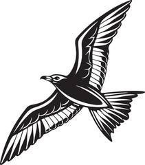 Black and White Silhouette of a Flying Seagull Bird Illustration Isolated on White Background