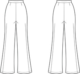 cad drawing flat vector illustration of women wide leg pants technical fashion sketch with elastic waistband and front dart details