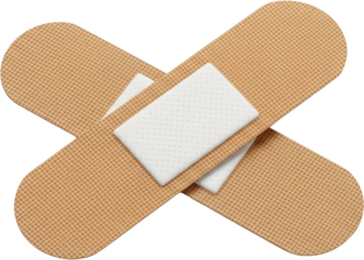 Two crossed adhesive bandages one partially covering the other with white absorbent pads transparent background