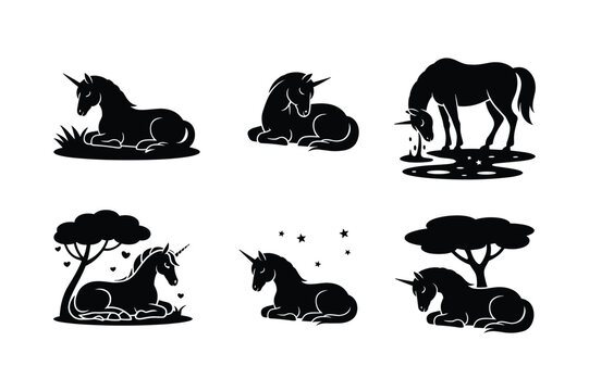 Black unicorn silhouettes resting and drinking water white