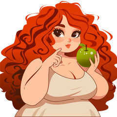 Confident Plus Size Redhead Woman Holding Green Apple – Body Positivity and Healthy Lifestyle Illustration