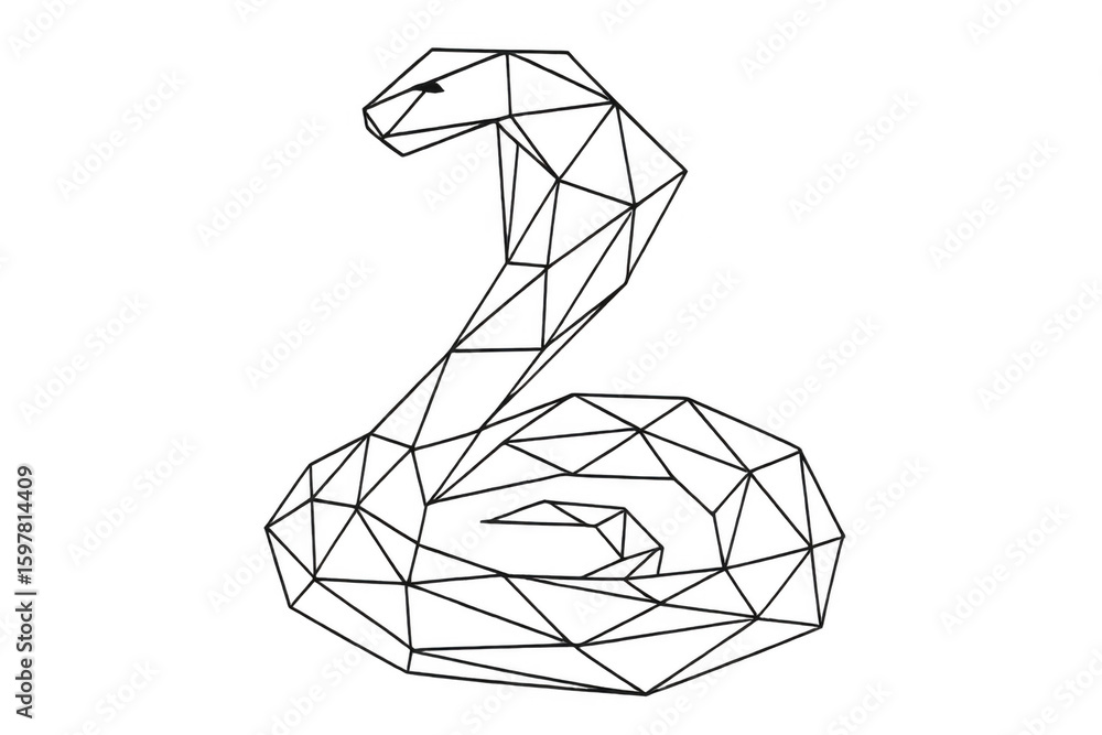 Poster low poly cobra with raised head, displaying defensive stance through angular geometric design agains