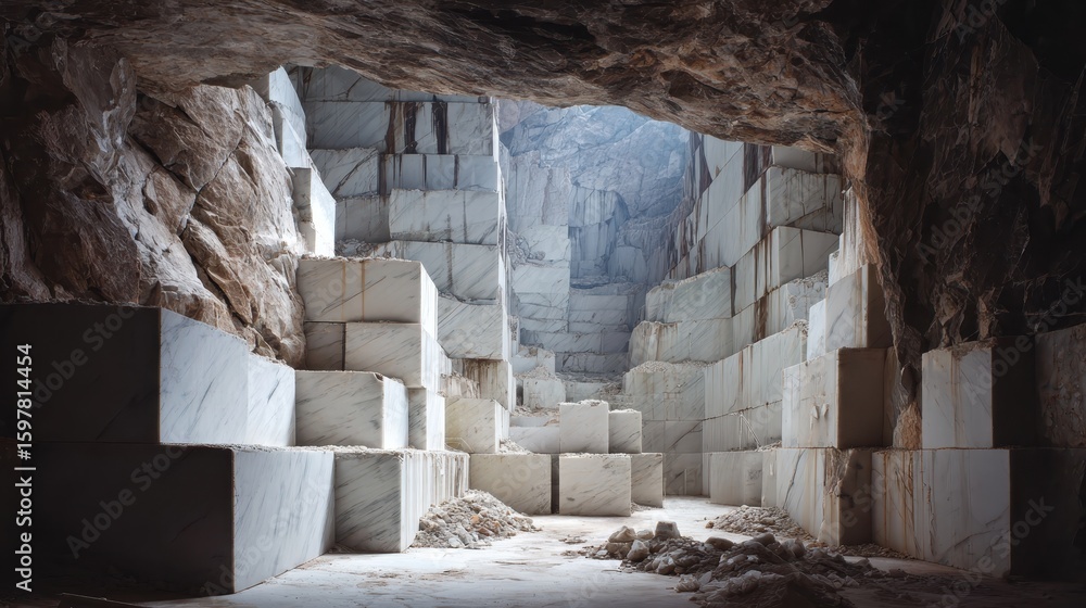 Poster massive white marble blocks creating geometric pattern inside quarry cave, stacked against rugged ro