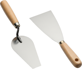 Two trowels and a spatula tools for construction and renovation work isolate