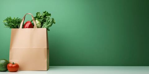 A paper bag with handles with groceries inside sitting on a white table on light emerald green background