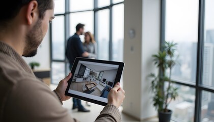 Person Using Tablet to View Interior Design in Modern Apartment with Urban Cityscape Background