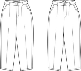 Flat vector technical drawing of wide leg women’s trousers with belt, fashion cad sketch, front view, stylish pants template.