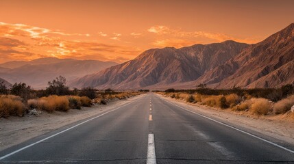 Fototapeta premium Desert highway stretching toward rugged mountains, golden sunlight casting long shadows across empty asphalt roadway at twilight