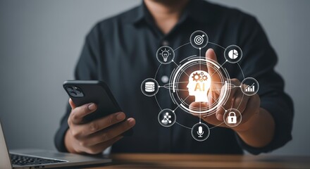 Businessman interacting with futuristic digital interface showcasing human intelligence and global connectivity