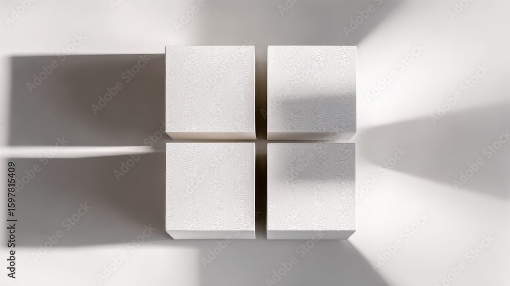 Poster white cubes positioned in square grid, casting elongated shadows across pristine surface under soft 