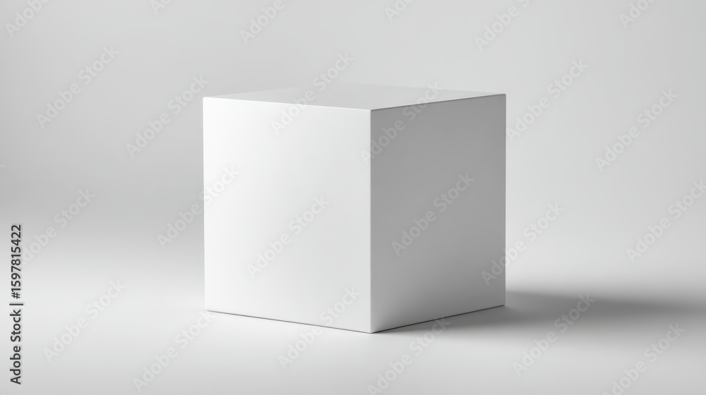Poster white geometric cube casting minimal shadow against pristine white background, highlighting clean ar
