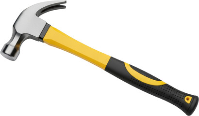 A yellow and black claw hammer with a brushed metal head tool construction transparent background