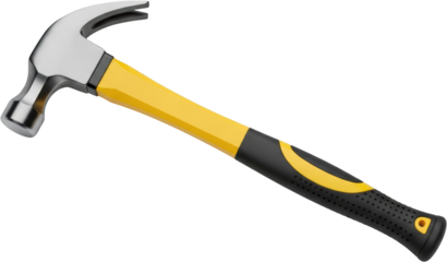 A yellow and black claw hammer with a brushed metal head tool construction transparent background