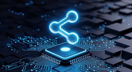 Glowing blue share icon emanates from futuristic circuit board and microchip technology