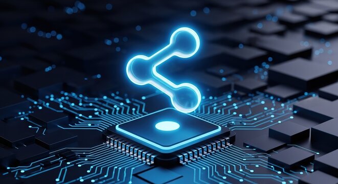 Glowing blue share icon emanates from futuristic circuit board and microchip technology