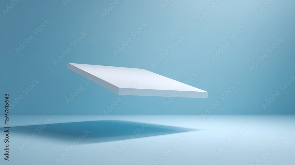 Poster minimalist white platform hovering above shadowed blue floor, creating serene geometric composition 