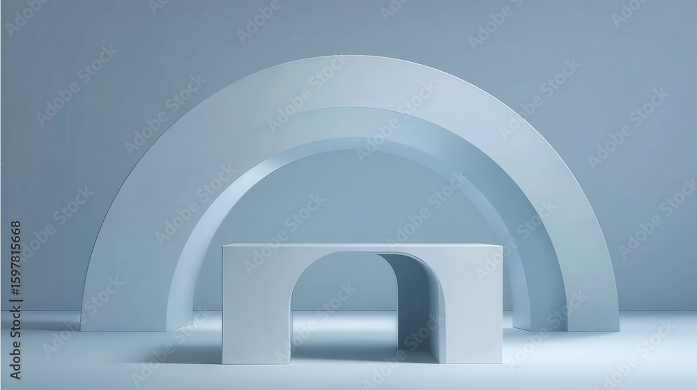 Poster modern blue podium with arched structures providing an elegant and minimalist setting for showcasing