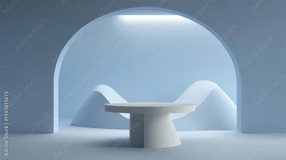 Poster white round podium illuminating minimalist light blue archway backdrop creating elegant and futurist