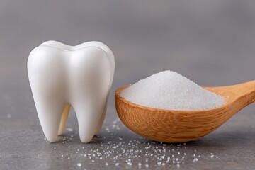 White tooth figurine beside a wooden spoon full of white granulated sugar
