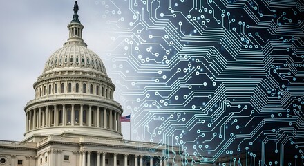 United states capitol building merges with digital circuit board symbolizing government technology and innovation