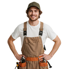 Smiling construction worker in overalls with a tool belt and cap looking directly at the camera with a friendly expression, ready for any job