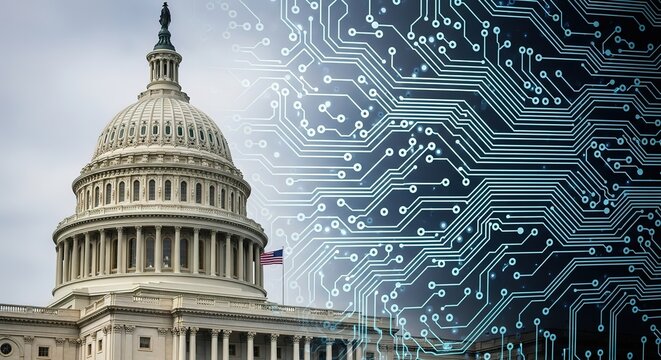 United states capitol building merges with digital circuit board symbolizing government technology and innovation