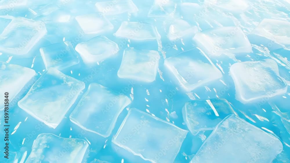 Poster multiple transparent ice cubes scattered across blue-tinted background. geometric shapes with smooth