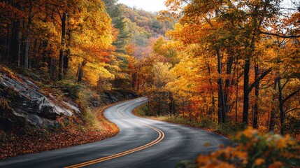 Winding mountain road curving through vibrant fall foliage, revealing golden and crimson leaves blanketing blue ridge landscape in north carolina autumn splendor