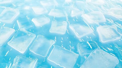Multiple transparent ice cubes scattered across blue-tinted background. Geometric shapes with smooth surfaces and translucent quality. Panning camera motion with slight vertical tilting. - Powered by Adobe