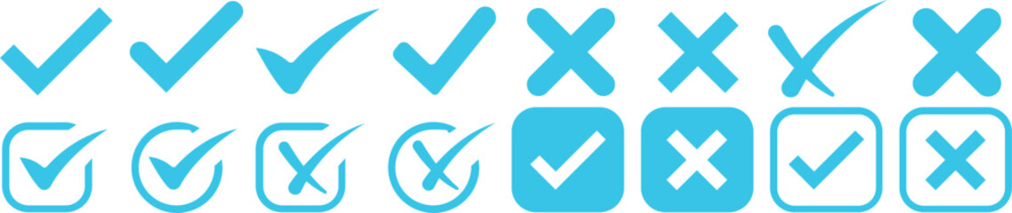 Check tick mark icon set.tick sign accept select confirm correct agree animated. successful symbol, tick mark.Check marks indicate approval. X marks indicate rejection. Simple symbols for yes and no.
