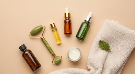 Flat lay of skincare products with jade roller, towel, and natural oil bottles on beige background – self-care and beauty concept