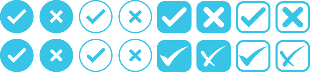 Check tick mark icon set.tick sign accept select confirm correct agree animated. successful symbol, tick mark.Check marks indicate approval. X marks indicate rejection. Simple symbols for yes and no.