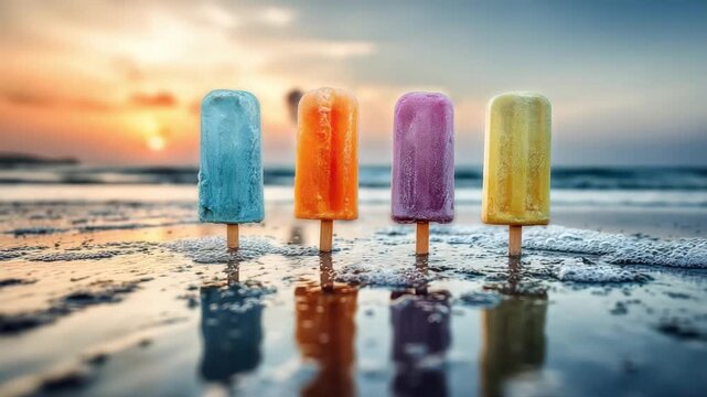 Four colorful popsicles stand on a sandy beach their reflections visible in the shallow water at sunset by the ocean