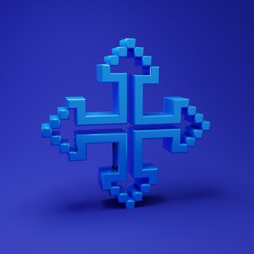Blue Pixel arrows in four directions icon isolated on blue background. Cursor move sign. Minimalism concept. 3D render illustration