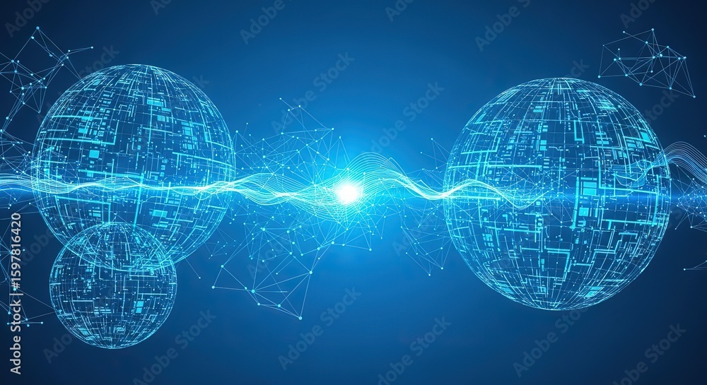 Poster digital brains interconnected by a bright energy beam symbolizing advanced technology and neural net