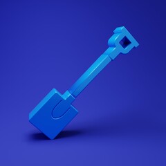 Blue Garden shovel icon isolated on blue background. Gardening tool. Tool for horticulture, agriculture, farming. Minimalism concept. 3D render illustration