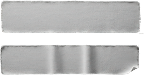 Two gray fabric ribbons with frayed edges and textured surface one slightly creased isolate