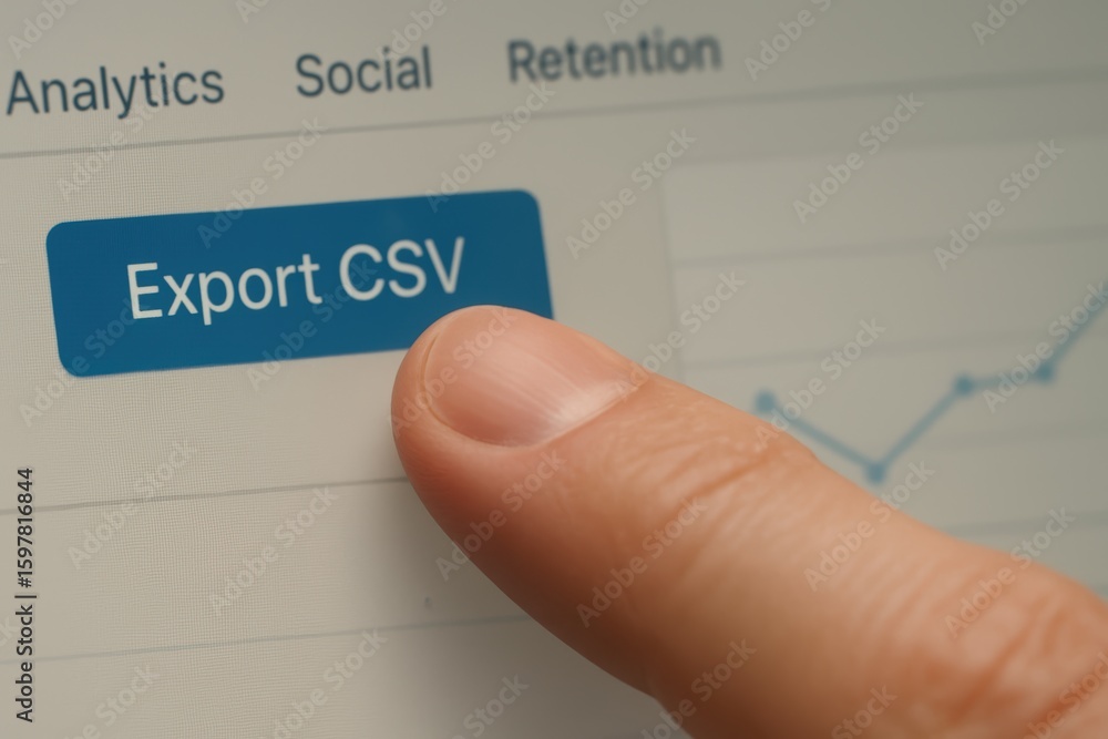 Poster close-up of a finger tapping the export csv button on a data analytics dashboard interface