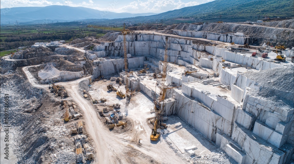 Poster heavy machinery and cranes extracting marble blocks in a vast open pit quarry highlight the industri