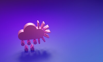 Pink Cloudy with rain and sun icon isolated on purple-blue background. Rain cloud precipitation with rain drops. Minimalism concept. 3D render illustration