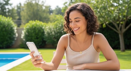 Smiling young woman with dark curly hair using her smartphone outdoors by a swimming pool on a sunny day