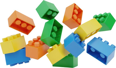 Fototapeta premium A pile of colorful building blocks in orange green yellow and blue tumble and scatter isolate