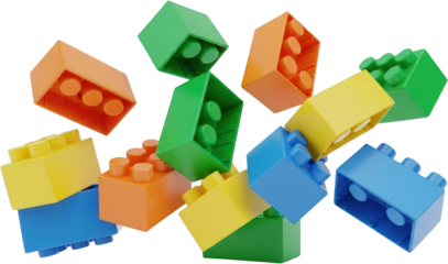 A pile of colorful building blocks in orange green yellow and blue tumble and scatter isolate