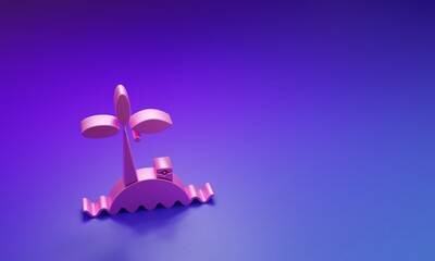 Pink Tropical island in ocean icon isolated on purple-blue background. Landscape with ocean and palm trees. Travel. Minimalism concept. 3D render illustration