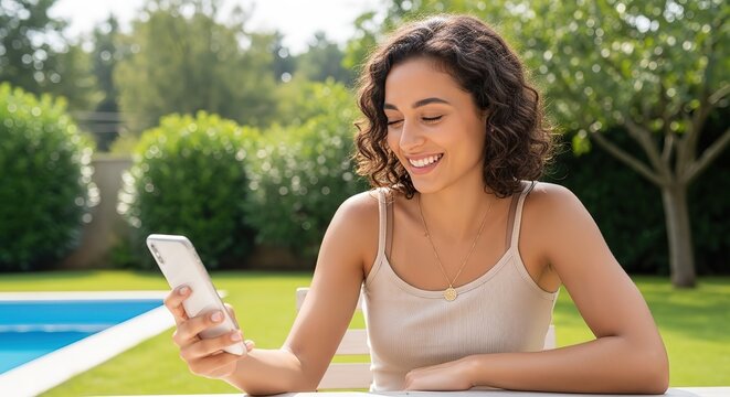 Smiling young woman with dark curly hair using her smartphone outdoors by a swimming pool on a sunny day