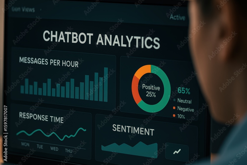 Poster detailed chatbot analytics dashboard displaying performance metrics and sentiment insights