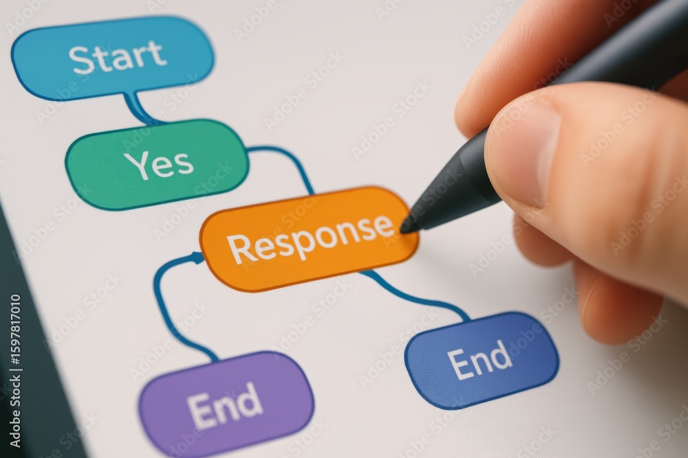 Poster flowchart with response node highlighted in orange showing start, yes, and end actions