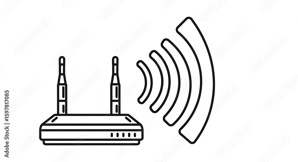 Poster illustration of a wifi router with two antennas and signal waves emanating from the device icon