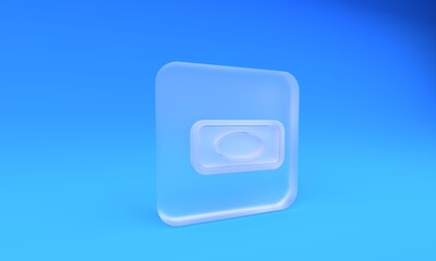 Frosted glass Bar of soap icon isolated on blue background. Soap bar with bubbles. Square frosted glass button. 3D render illustration