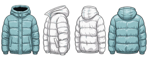 Puffer jacket CAD drawing, flat vector fashion illustration with hood, light blue and white variations, side and back views